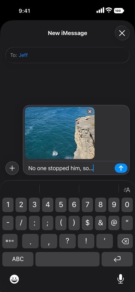 New iMessage composition showing the finished cliff-jump GIF ready to send