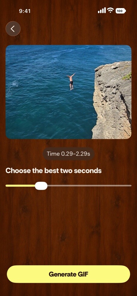 Best Moments trim screen showing a cliff-jump video and a two-second range slider